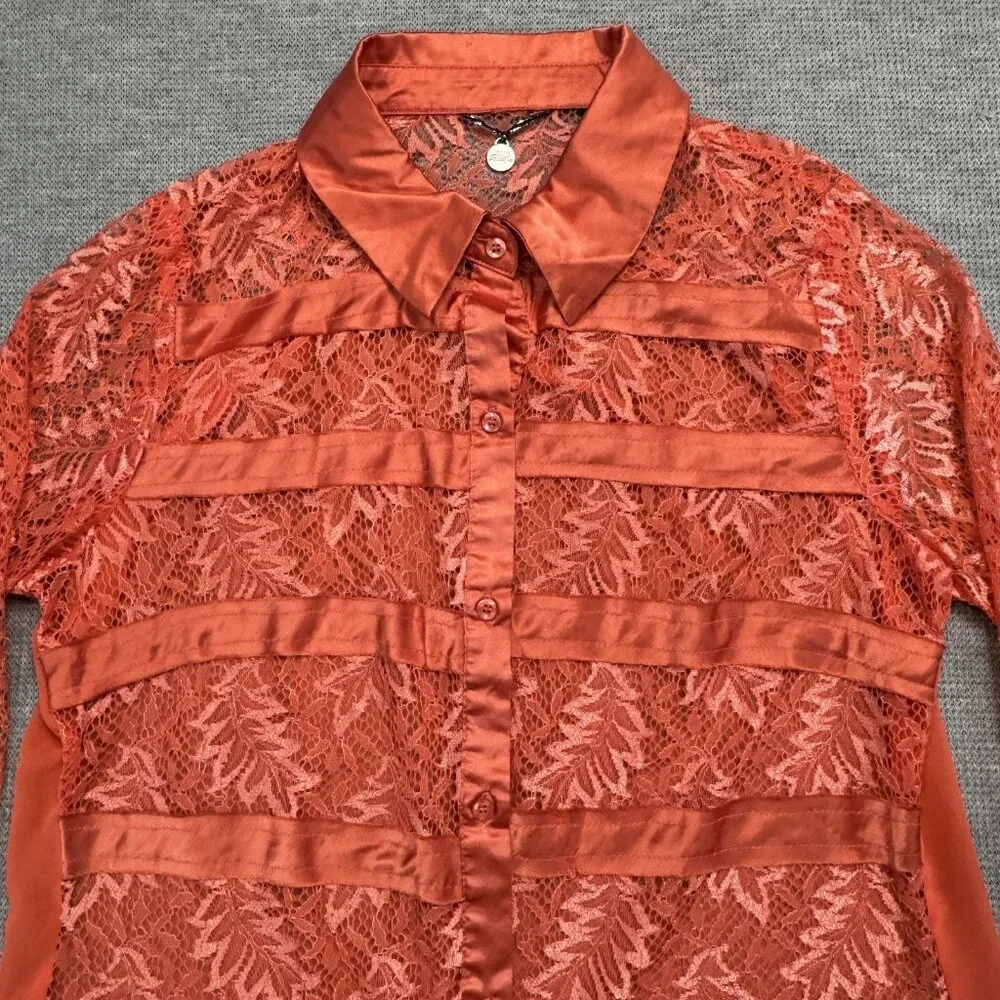 BKE Boutique Sheer Blouse Womens Sz Medium Stripe Lace Long Sleeve Coral Orange - Picture 5 of 15
